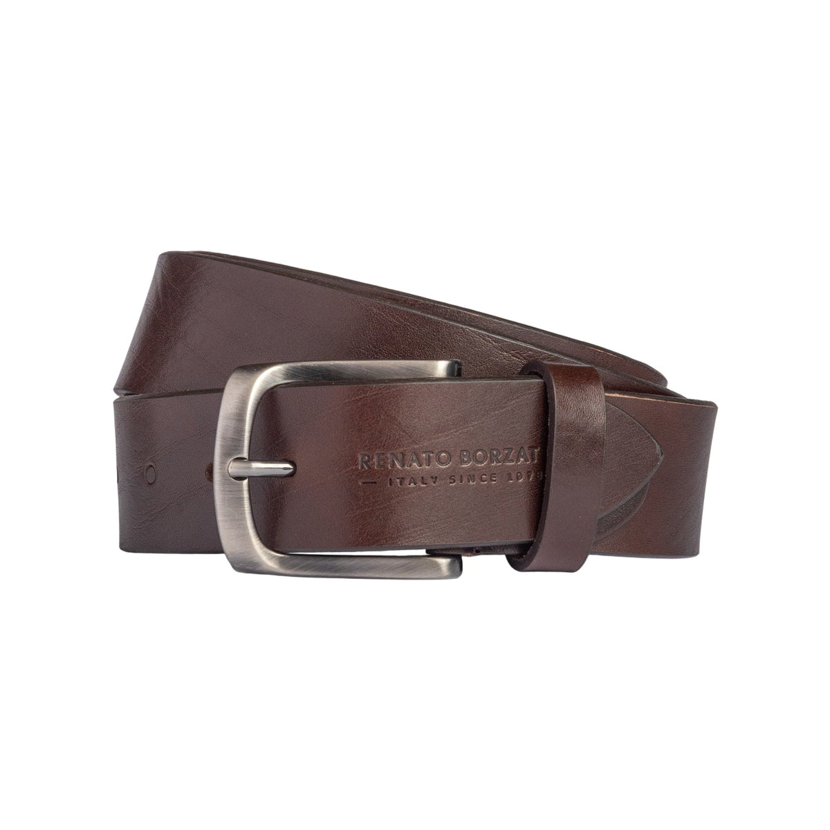 RB4027B | Men's Belt Made in Italy in Genuine Vegetable-Tanned Leather. Satin Gunmetal Buckle. Dark Brown Color. Dimensions: 125 x 4.0 x 0.5 cm (waistline 110 cm)