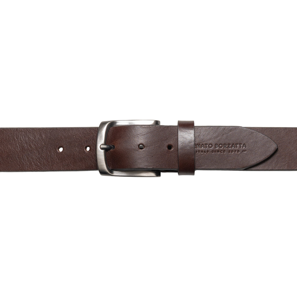 RB4027B | Men's Belt Made in Italy in Genuine Vegetable-Tanned Leather. Satin Gunmetal Buckle. Dark Brown Color. Dimensions: 125 x 4.0 x 0.5 cm (waistline 110 cm)