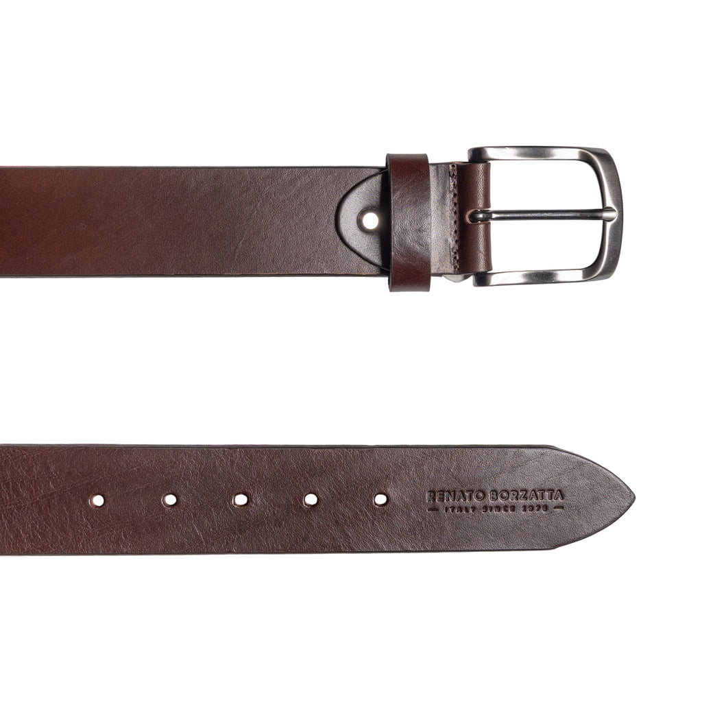 RB4027B | Men's Belt Made in Italy in Genuine Vegetable-Tanned Leather. Satin Gunmetal Buckle. Dark Brown Color. Dimensions: 125 x 4.0 x 0.5 cm (waistline 110 cm)