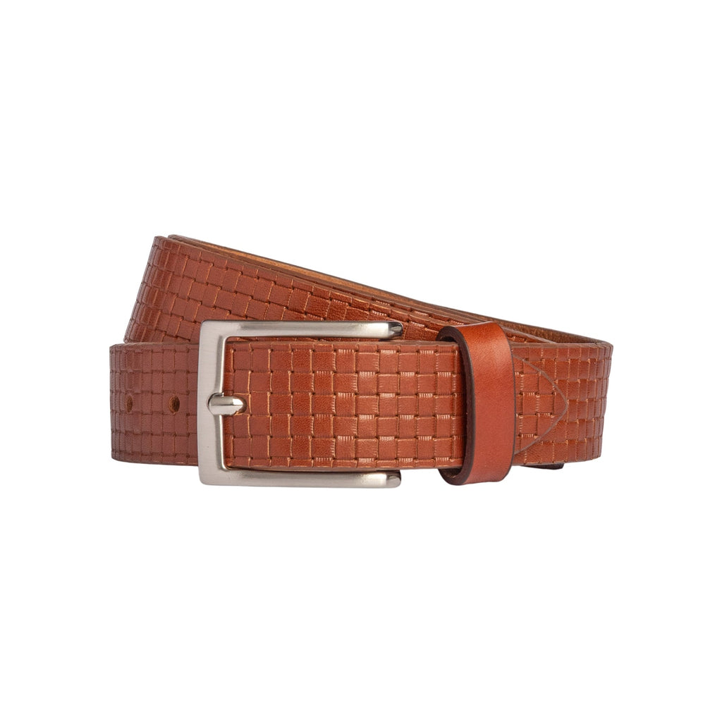 RB4028S | Men's Belt with Allover Print, Made in Italy in Genuine Vegetable-Tanned Leather. Satin Silver Buckle. Cognac Color. Dimensions: 125 x 3.5 x 0.5 cm (waistline 110 cm)