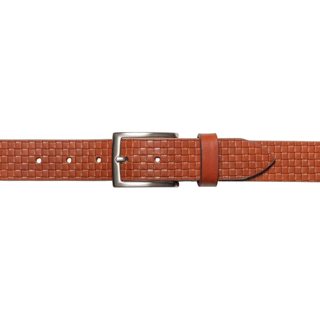 RB4028S | Men's Belt with Allover Print, Made in Italy in Genuine Vegetable-Tanned Leather. Satin Silver Buckle. Cognac Color. Dimensions: 125 x 3.5 x 0.5 cm (waistline 110 cm)