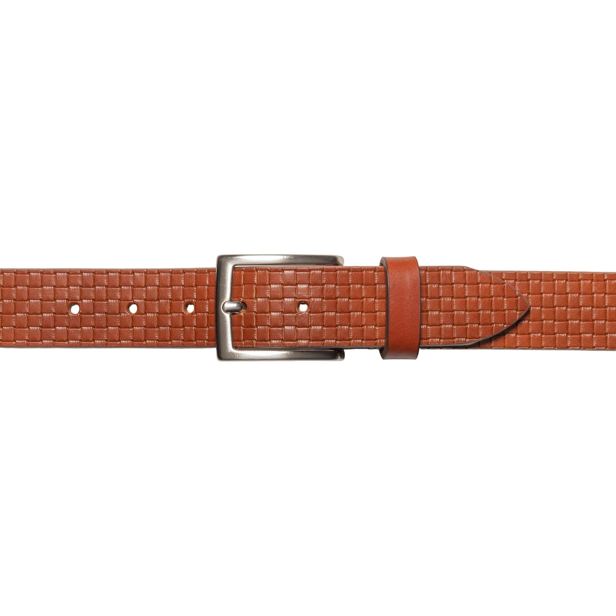 RB4028S | Men's Belt with Allover Print, Made in Italy in Genuine Vegetable-Tanned Leather. Satin Silver Buckle. Cognac Color. Dimensions: 125 x 3.5 x 0.5 cm (waistline 110 cm)