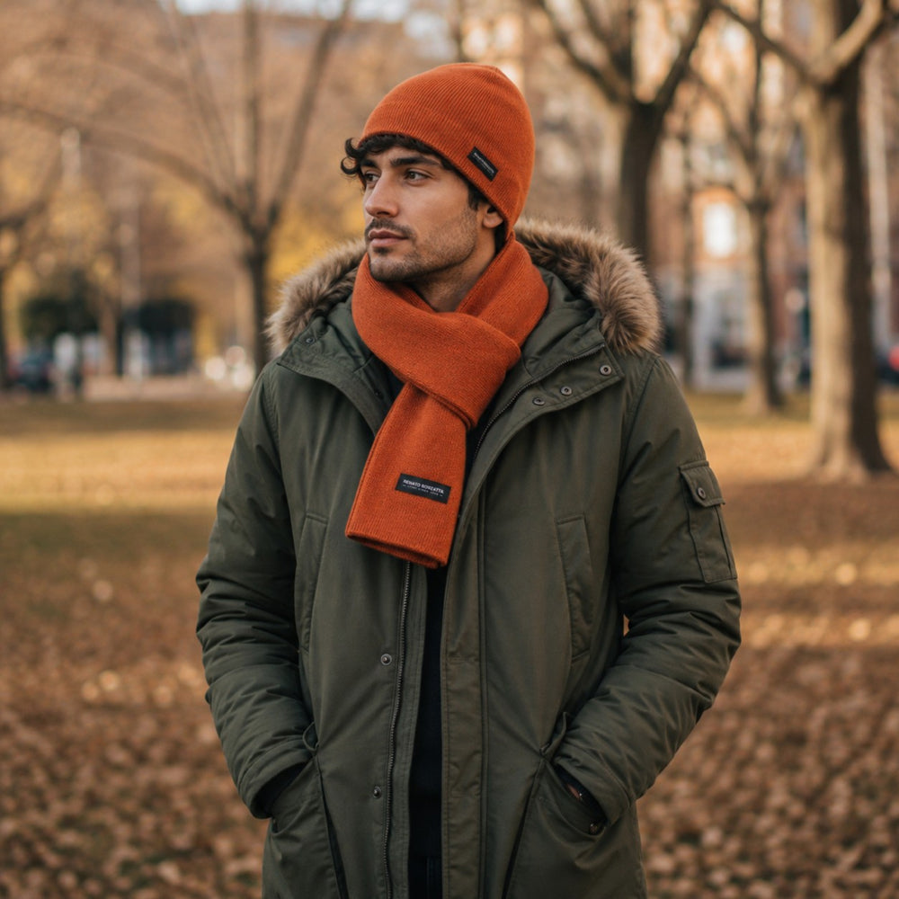 RB5008IC | COURMAYEUR - Unisex Double-Sided Knit Beanie Made in Italy. Color: Paprika/Cocoa