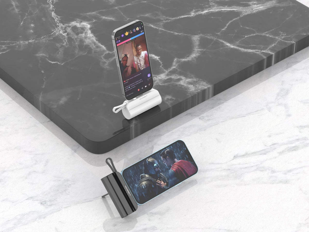 Carregador portátil Techancy 5000mAh, TF2777, cabo de carregamento 2 em 1 iP+Type-c com suporte para telemóvel, preto