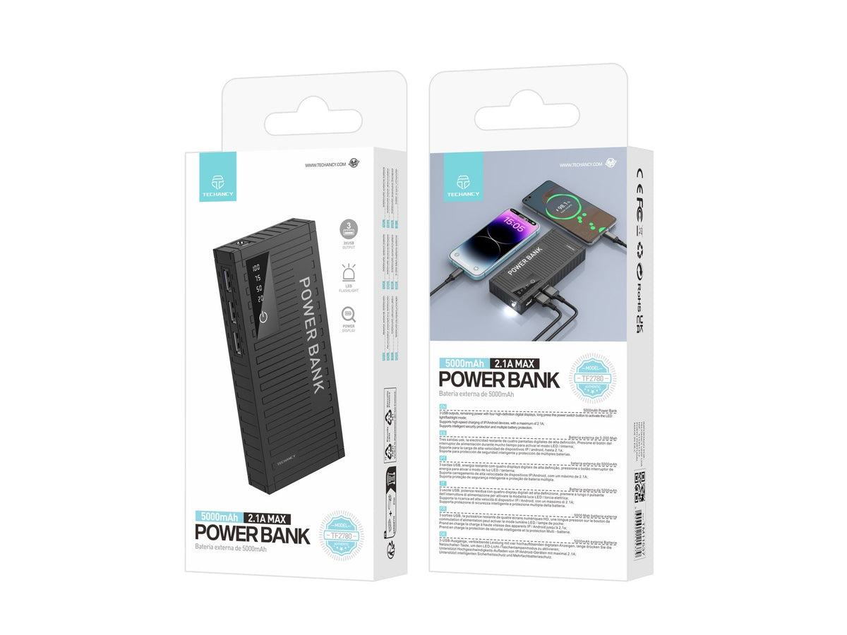 Techancy 5000mah Power Bank Preto TF2780，Carregamento Rápido De 2A,3 Saídas Usb Para Telemóvel/Tablet.-4