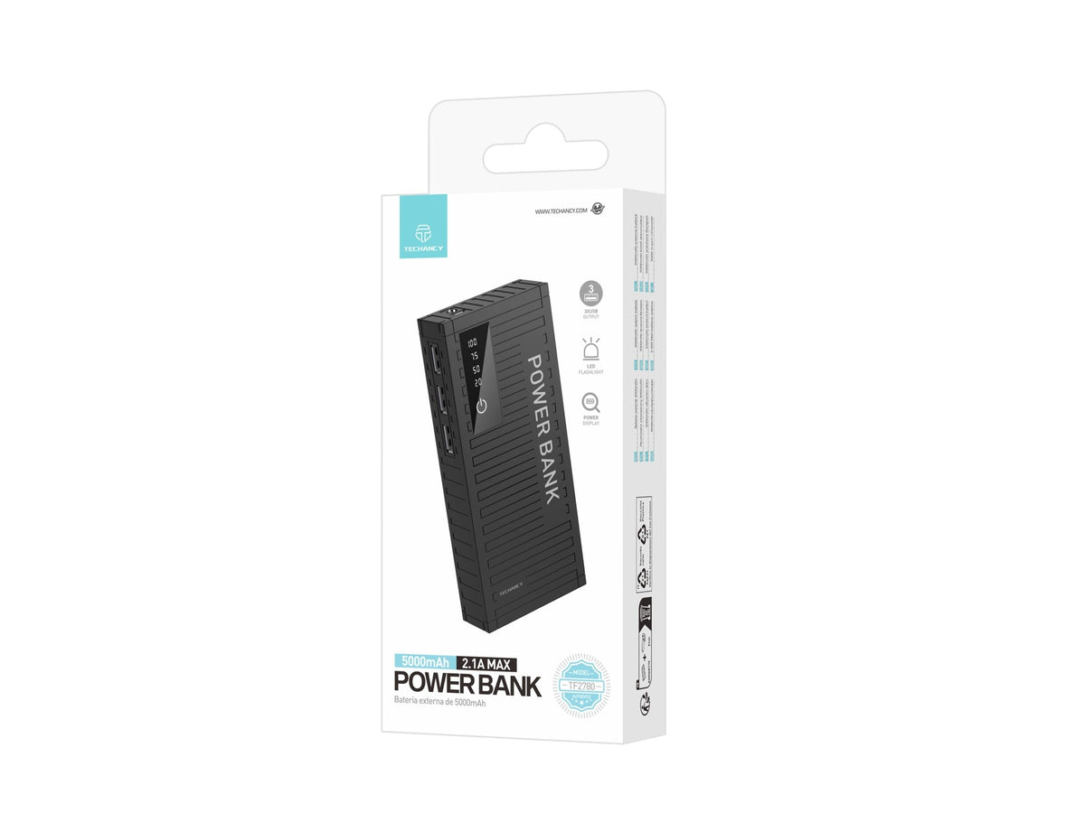 Techancy 5000mah Power Bank Preto TF2780，Carregamento Rápido De 2A,3 Saídas Usb Para Telemóvel/Tablet.-3