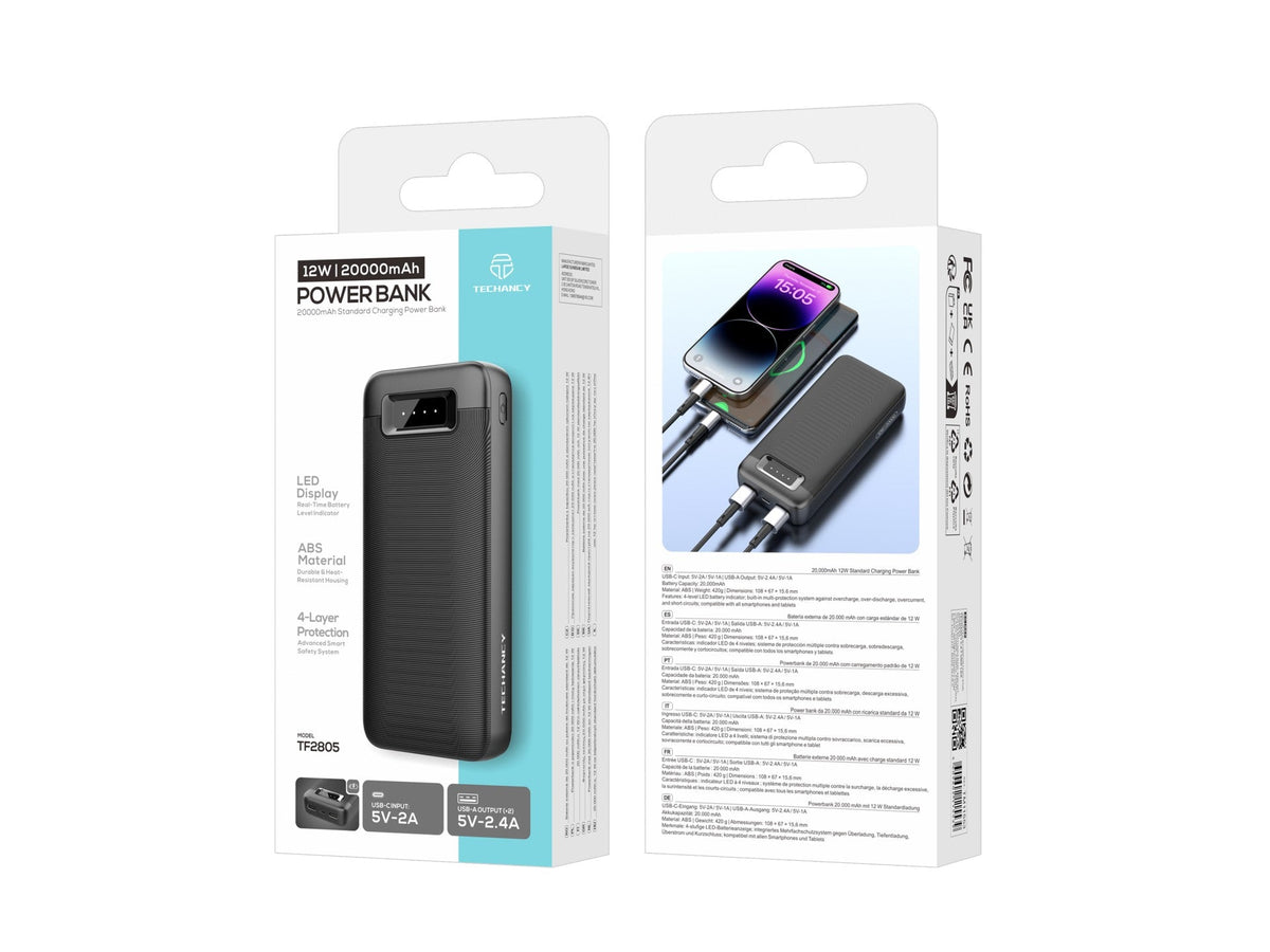 Techancy Power Bank 20000mAh TF2805 12W com USB-C e 2 USB, Indicador LED, Compativel com Telemoveis e Tablets, Preto-4