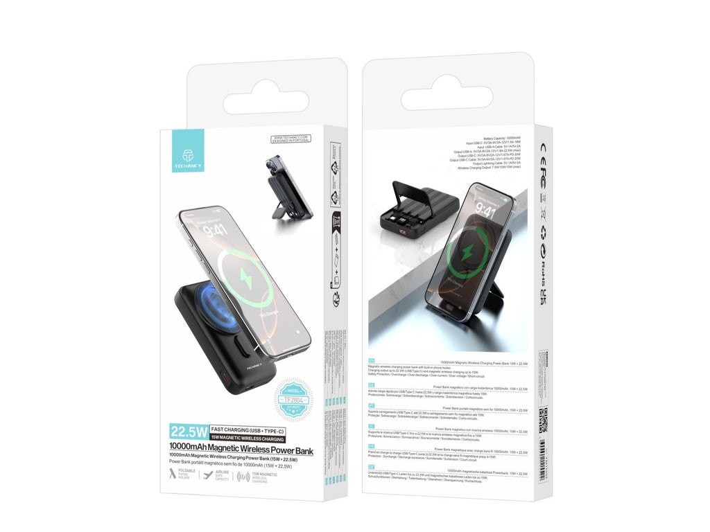 Techancy Power Bank Magnetico Sem Fios 10000mAh TF2804 15W Wireless 22.5W Carregamento Rapido com Suporte para Telemovel e Tablet Preto