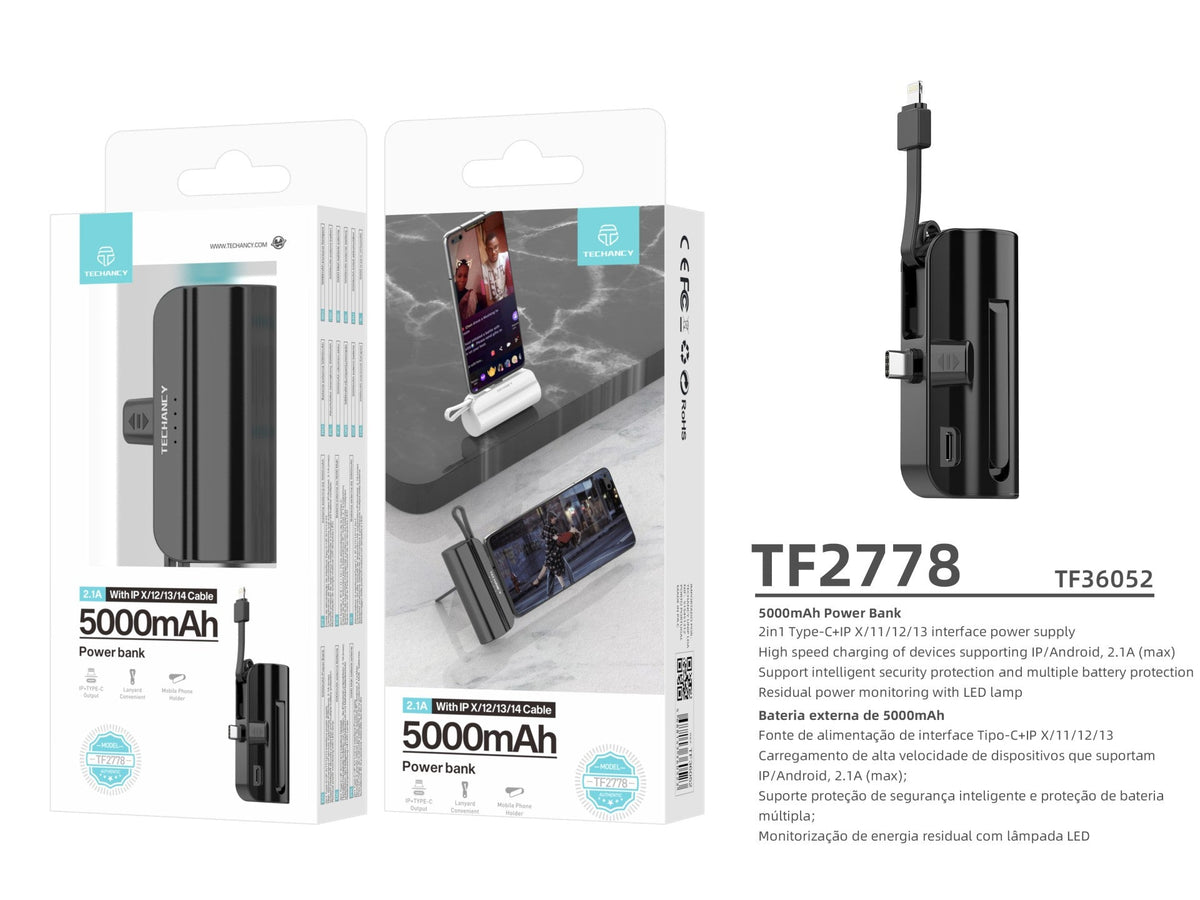 Carregador portátil Techancy 5000mAh, TF2778, cabo de carregamento 2 em 1 iP+Type-c com suporte para telemóvel, preto