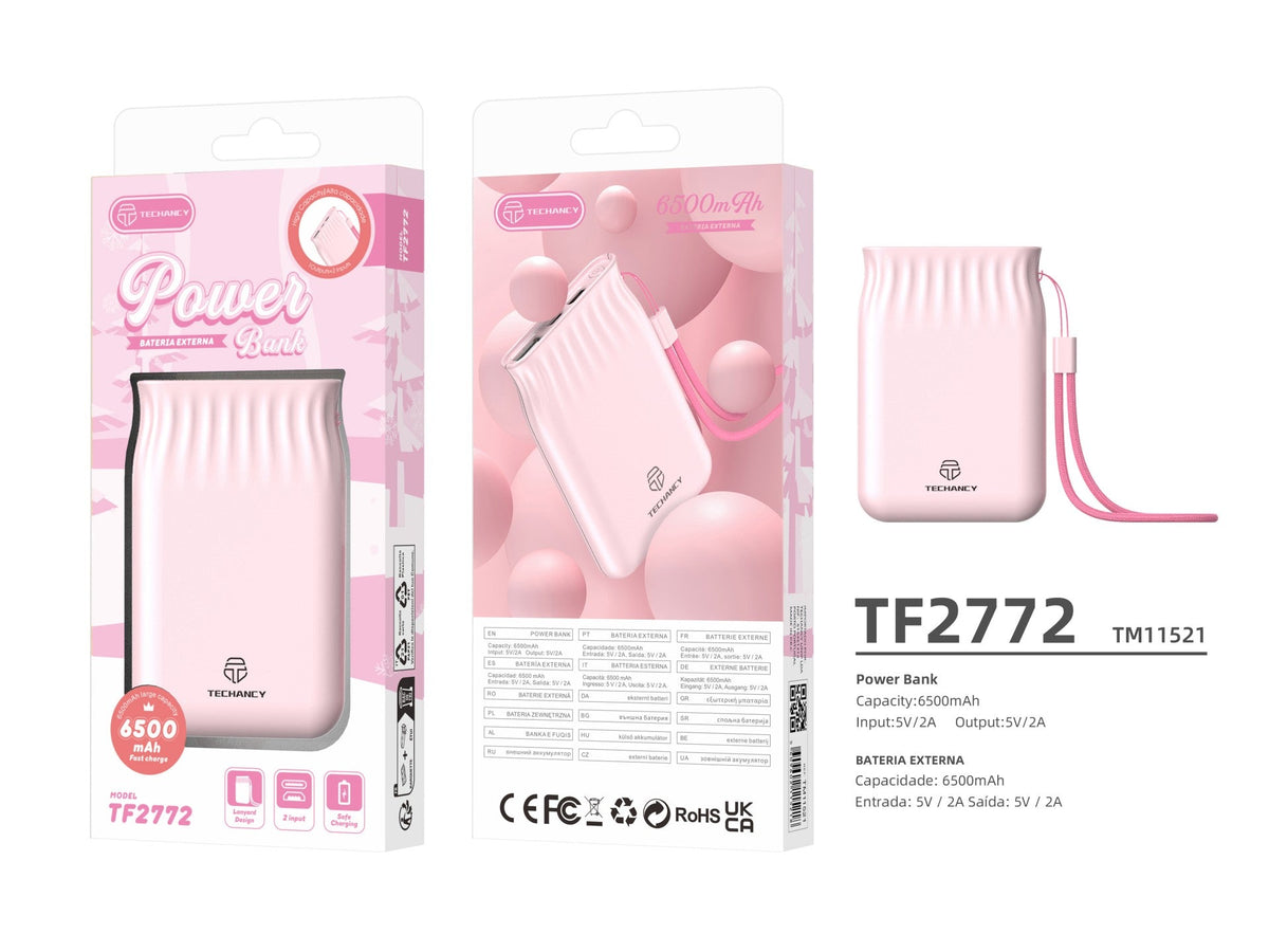 Techancy 6500mah Power Bank Rosa TF2772，Carregamento De Telemóvel/Tablet Compatível Com 2A, Fonte De Alimentação Portátil-2