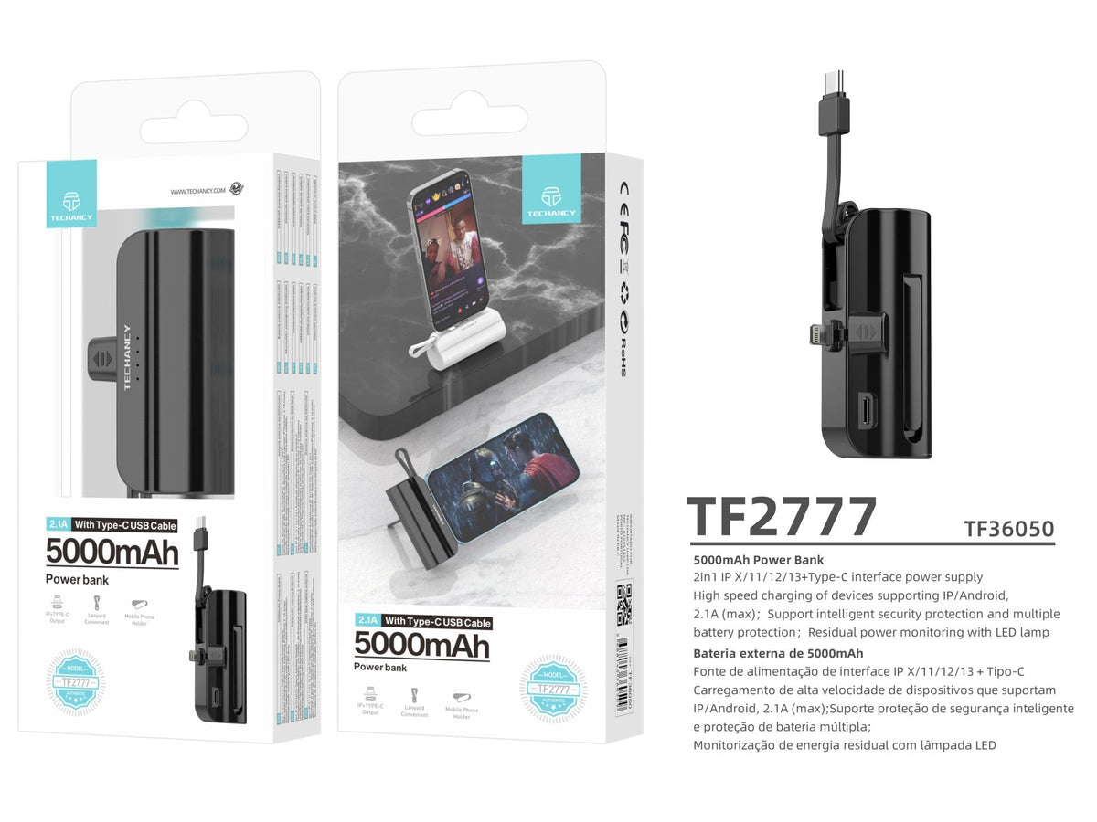 Carregador portátil Techancy 5000mAh, TF2777, cabo de carregamento 2 em 1 iP+Type-c com suporte para telemóvel, preto